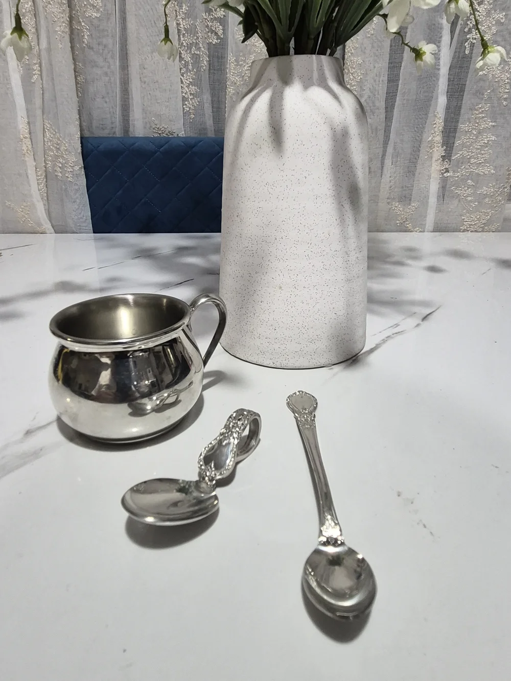 Vintage Web Pewter 1172 Polished Baby Cup and 2 Spoons .